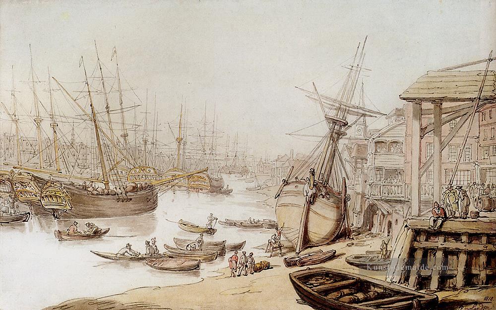 Blick auf die Themse mit zahlreichen Schiffe und Fakten zur Wharf Karikatur Thomas Rowlandson Ölgemälde